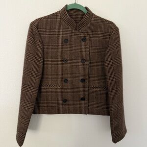Vintage Kirkland Hall Brown Wool Glen Check Plaid Cropped Blazer USA Union Made